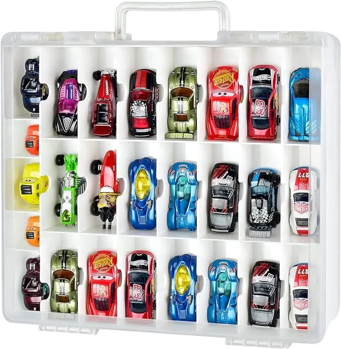 FULLCASE Toys Organizer Storage Compatible with Hot Wheels Car, Container for Matchbox Cars, Mini Toys, Small Dolls, Double Sided Carrying Box for Hotwheels Car- 48 Compartments(Box Only) White