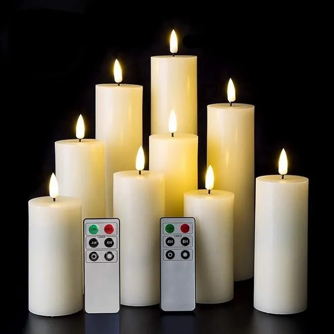 Eywamage Realistic Ivory Slim Flameless Pillar Candes with Remote, Real Wax Flickering Tall LED Battery Fireplace Candles Set of 9