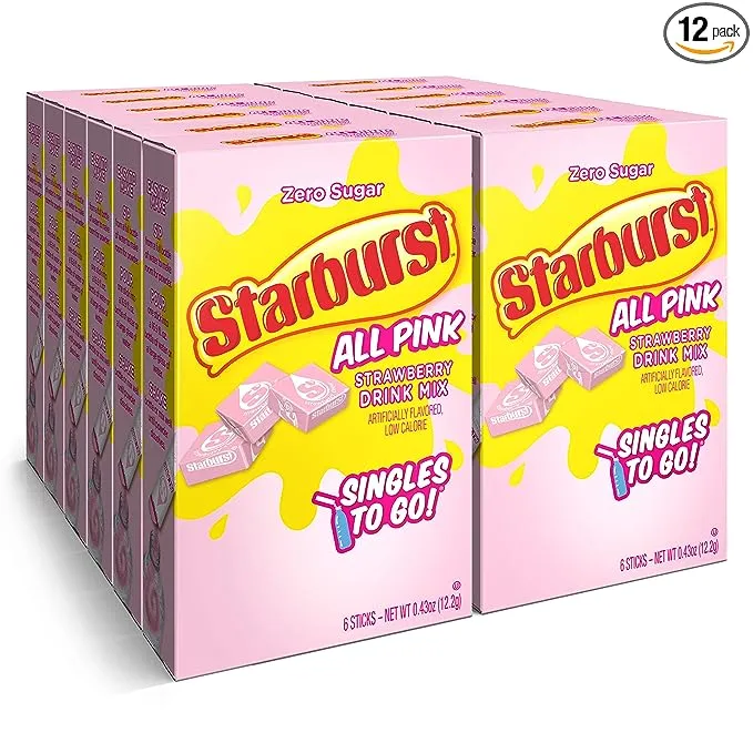 Starburst Gallons to Go Powdered Drink Mix, 8-Count Box (6 Pack), All Pink Strawberry - Low Calorie and Zero Sugar Drink Mix, Each Stick Makes 1