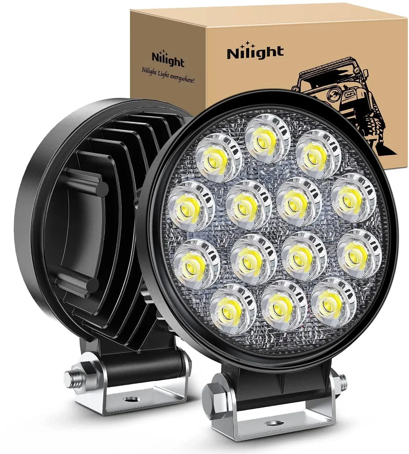 Nilight LED Pods 2Pcs 4.5Inch 42W 4200LM Round Flood Light Off Road Lights Fog Lights Driving Roof LED Light Bar Work Light for ATV UTV SUV Truck Boat (15017C-B), White