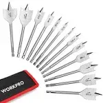 13 Piece Spade Drill Bit Sets, Paddle Flat Bit for Hole Cutter Woodworking, 1/4" to 1-1/2", Carbon Steel Paddle Flat Bit with Quick Change Shank, Nylon Storage Pouch Included