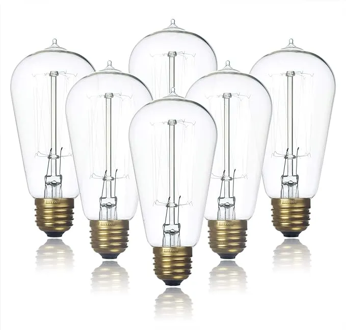 6-Pack Edison Light Bulb, Warm White 2200K Old Fashioned Incandescent Light, Jslinter 60 Watt Dimmable ST58 Antique Vintage Style Light, Clear Glass