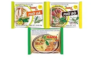 MAMA Pho Noodles Ramen Variety Pack, Pho Bo (Beef), Pho Ga (Chicken) & Pho (Clear), 10 Each