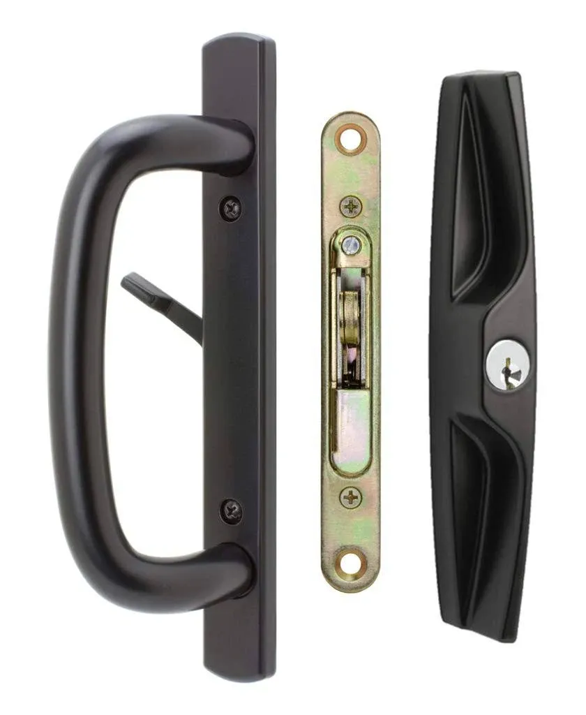 Veranda Sliding Glass Door Handle Set with Mortise Lock, Black, Keyed, 3-15/16” Screw Holes, 1-3/4” Door Thickness