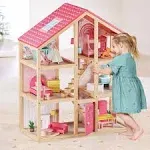 Tiny Land Wooden Dollhouse for Girls - 6 Rooms Wooden Doll House, DIY Pretend Dream House with 30Pcs Furniture Accessories, Gift for Girl Ages 3+