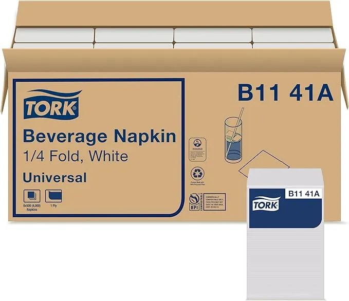 Tork Napkins 1-ply Beverage White For everyday use at home 9.375x9.375 (WxL), 500 napkins/pack, 8 packs/case