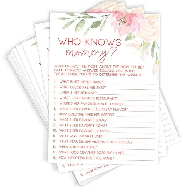  Baby Shower Game, Who Knows Mommy Best, Floral, 50 Cards 