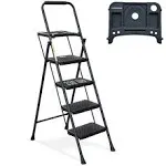 HBTower 4 Step Ladder with Tool Platform, 330lbs Capacity Folding Step Stool, Wide Anti-Slip Pedal, Sturdy Steel Ladder, Convenient Handgrip, Lightweight Portable Steel, Green