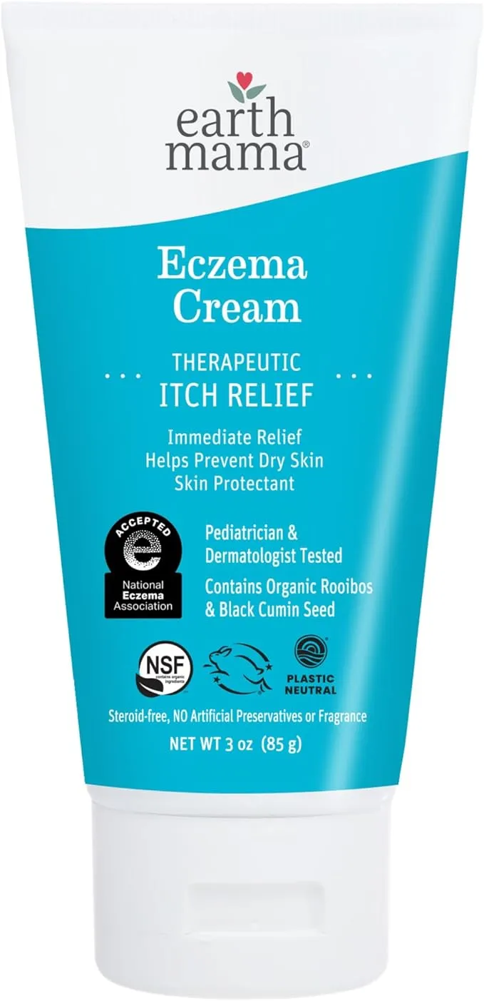 Earth Mama Eczema Cream | Therapeutic Itch Relief Moisturizer Lotion for Itchy Rashes, Bug Bites, Poison Oak, Ivy & Sumac | No Steroids, Artificial Preservatives or Fragrance, 3-oz Tube