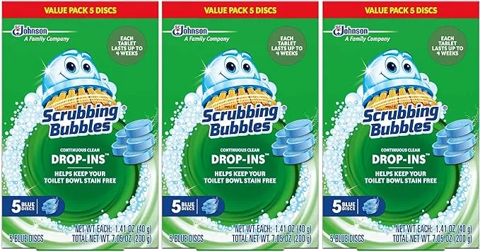 Scrubbing Bubbles Continuous Clean Drop-Ins Toilet Cleaner Tablet, Repels Tough Hard Water and Limescale Stains, Blue Discs, 5 Count, Pack of 3 (15 Total Tablets)