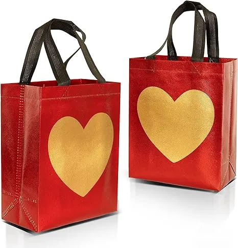 12 Red Gift Bags with Shiny Gold Heart Print - Non-Woven Reusable Gift Bags with Glossy Finish - Cute Birthday Bag, Favor Bags, Eco-Friendly Gift