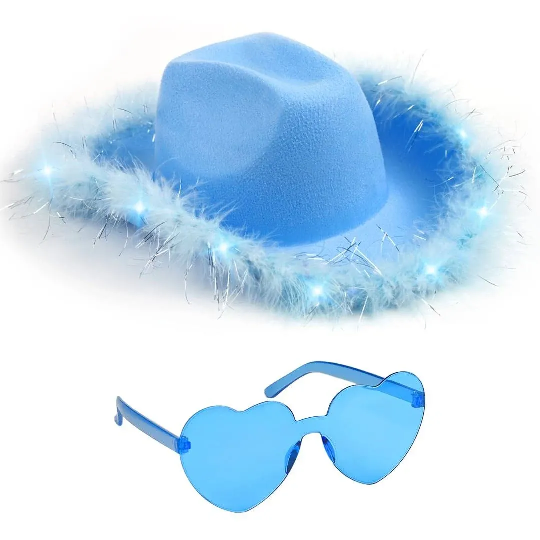 Light Blue Cowgirl Hat with Glasses - Halloween Light Up Cowboy Hat with Feathers - FUNCREDIBLE