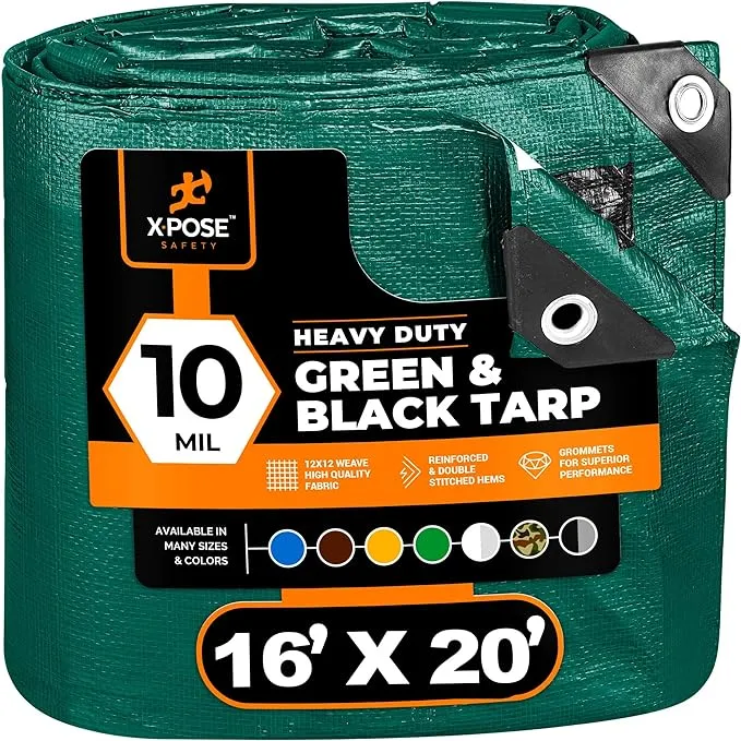 Heavy Duty Poly Tarp 16 Feet x 20 Feet 10 Mil Thick Waterproof, UV Blocking Protective Cover - Reversible Green and Black - Laminated Coating - Grommets - by Xpose Safety