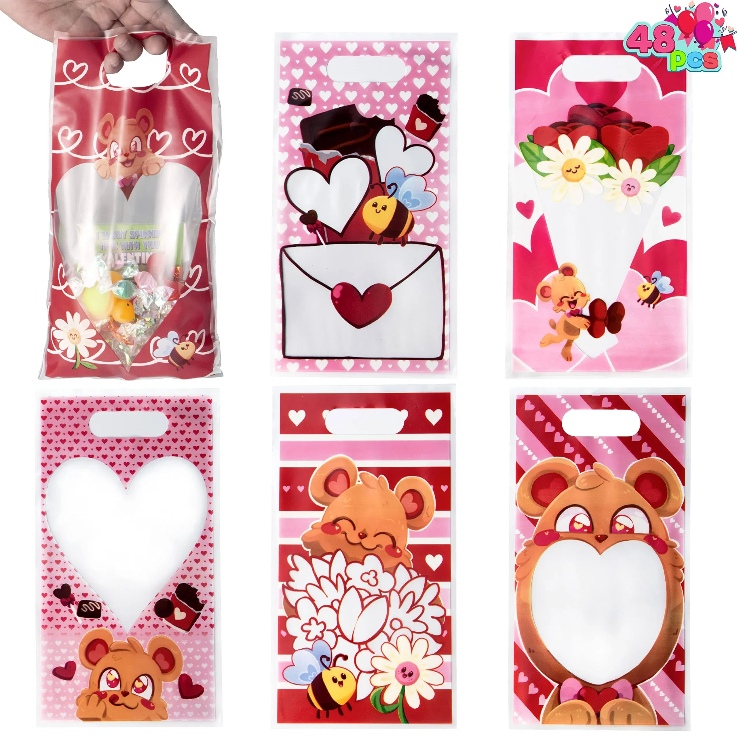 48Pcs Valentines Day Cellophane Plastic Treat Bags