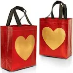 12 Red Gift Bags with Shiny Gold Heart Print - Non-Woven Reusable Gift Bags with Glossy Finish - Cute Birthday Bag, Favor Bags, Eco-Friendly Gift