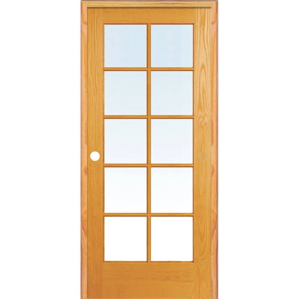 30 in. x 80 in. Right Handed Unfinished Pine Wood Clear Glass 10 Lite True Divided Single Prehung Interior Door