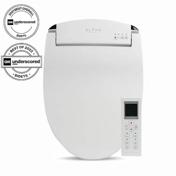 ALPHA BIDET JX Elongated Bidet Toilet Seat, White, Endless Warm Water, Rear and Front Wash, LED Light, Quiet Operation, Wireless Remote, Low Profile Sittable Lid, 3 Year Warranty (Elongated)