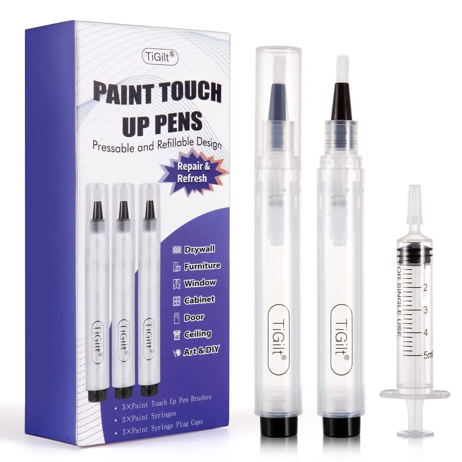 Paint Touch Up Pens Pressable Fillable Touch Up Paint Pens For Walls Furniture Cabinet Window Door Crafts Refillable Paint Pen Touch Ups Kit. Easy, Ready to Use, 3-Pack