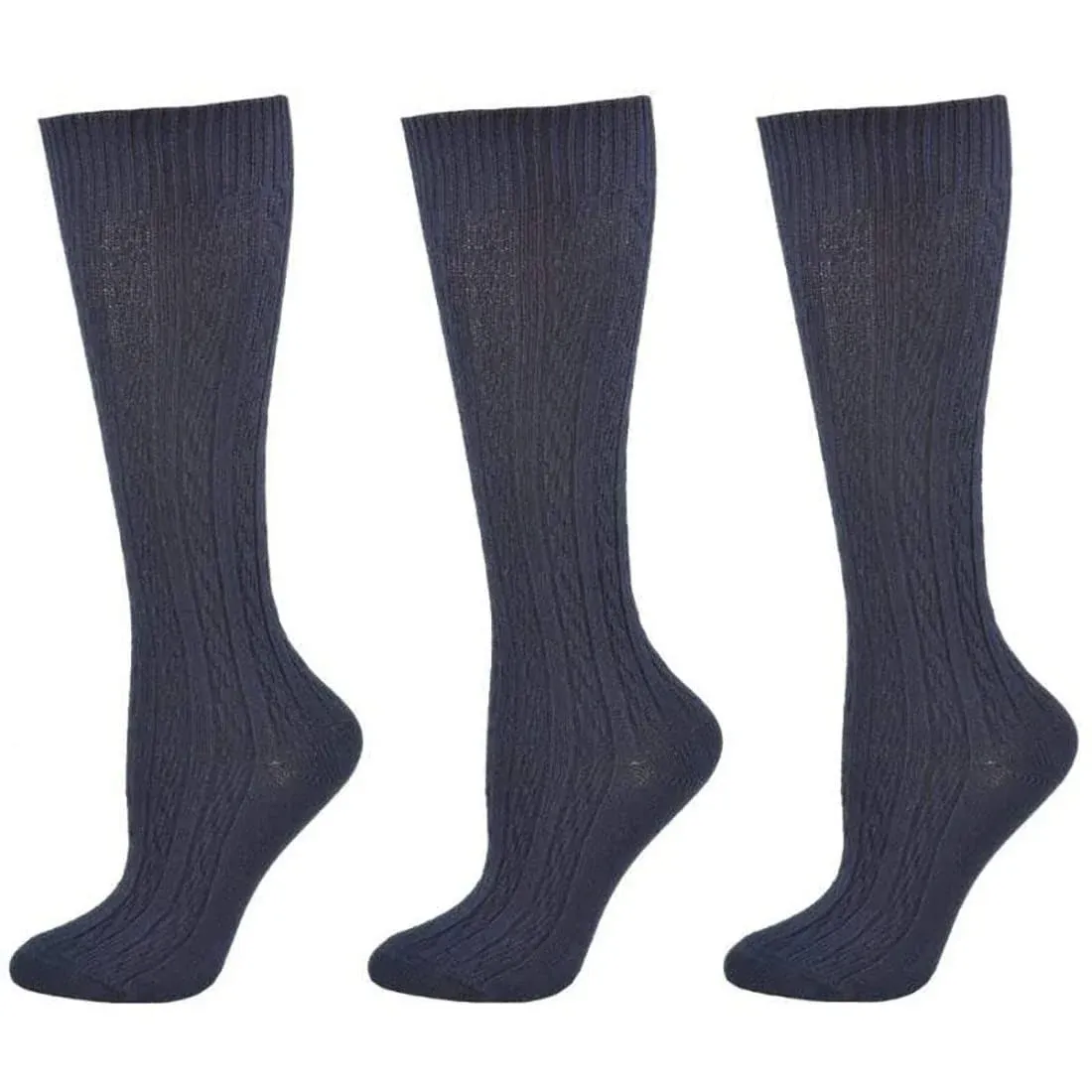 Sierra Socks Classic Cable Knit Cotton Knee High Socks 3 Pair Pack - Blue - L