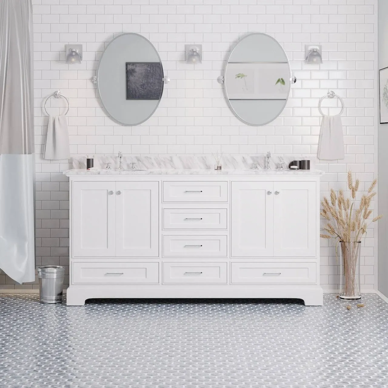 KitchenBathCollection Harper 72" Double Bathroom Vanity with Carrara Marble Top ...