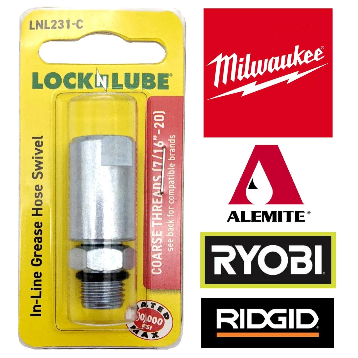 LockNLube Grease Gun Hose Swivel - Coarse Threads (7/16”–20) For Milwaukee, Ryobi, Ridgid & Alemite battery grease guns