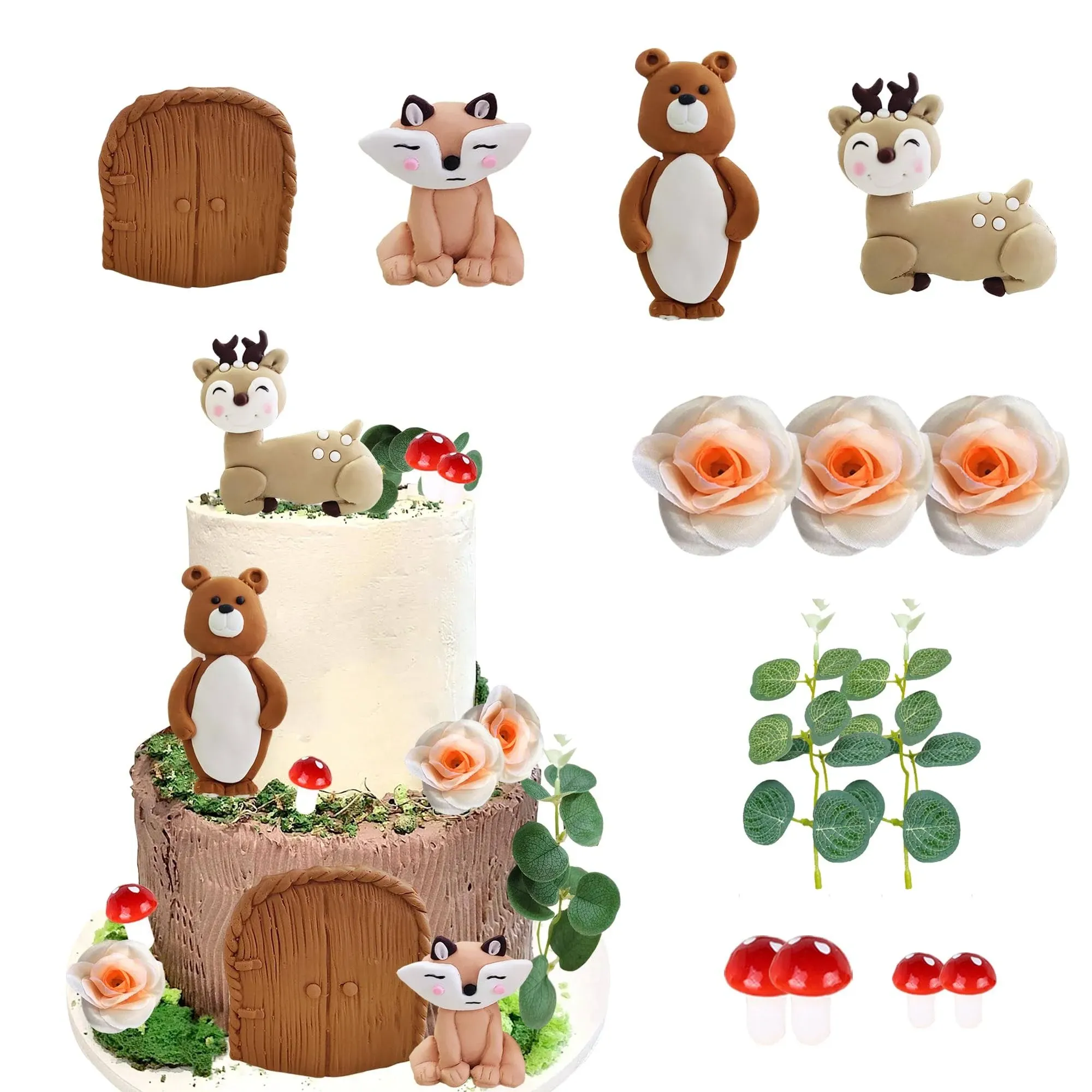 Forest Woodland Animal Cake Toppers Fox Bear Deer Flower Cake Decorations for Oh Baby Woodland Themed Birthday Party (flowers)