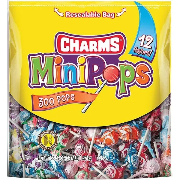 Charms Mini Pops, Bolsa de 3.74 Lb, Sabores Variados, 300/bolsa