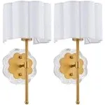 Modern Wall Sconce Set of 2, with Creamy-White Fabric Flower and Antique Brass Brush Paint Finish Shade for Vanity Stairway Fireplace Kitchen Living Room Bedside