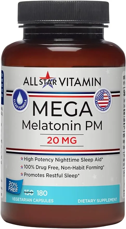 Mega-Melatonin 20 mg, High-Potency, 180 Capsules - Made in USA