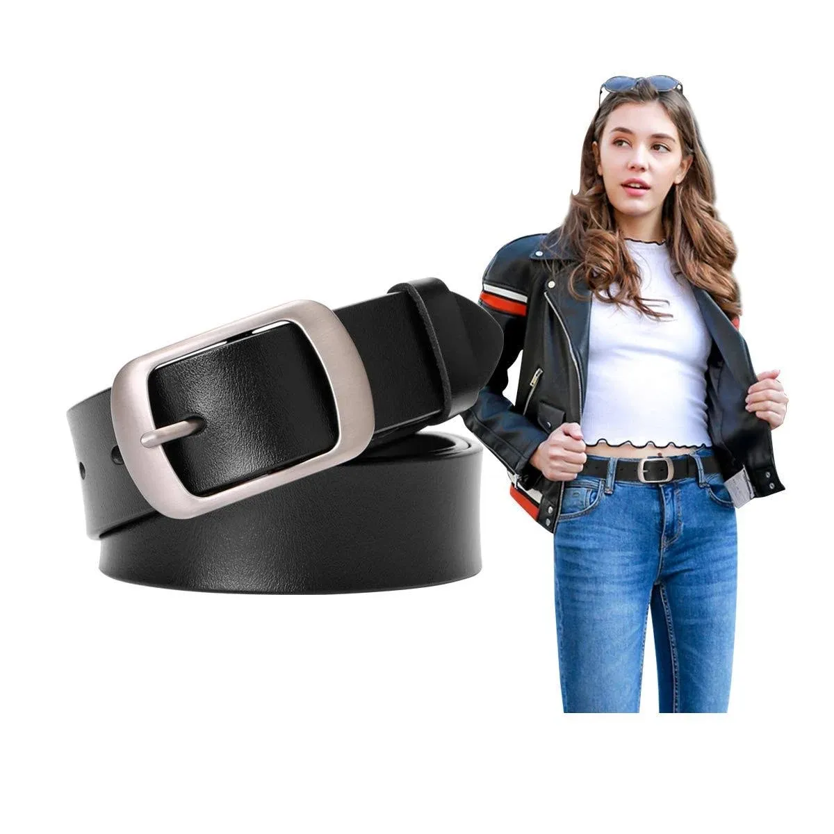 SUOSDEY Fashion Womens Leather Belt, Soft Leather Waist Belt with Pin Buckle for Jeans Pants,width 1.3"