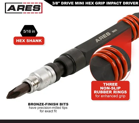 ARES 70606-1/2-Inch Manual Reversible Impact Driver Flathead 5/16 & 3/8 and Phillips #2 & #3 Bits for Most Common Applications