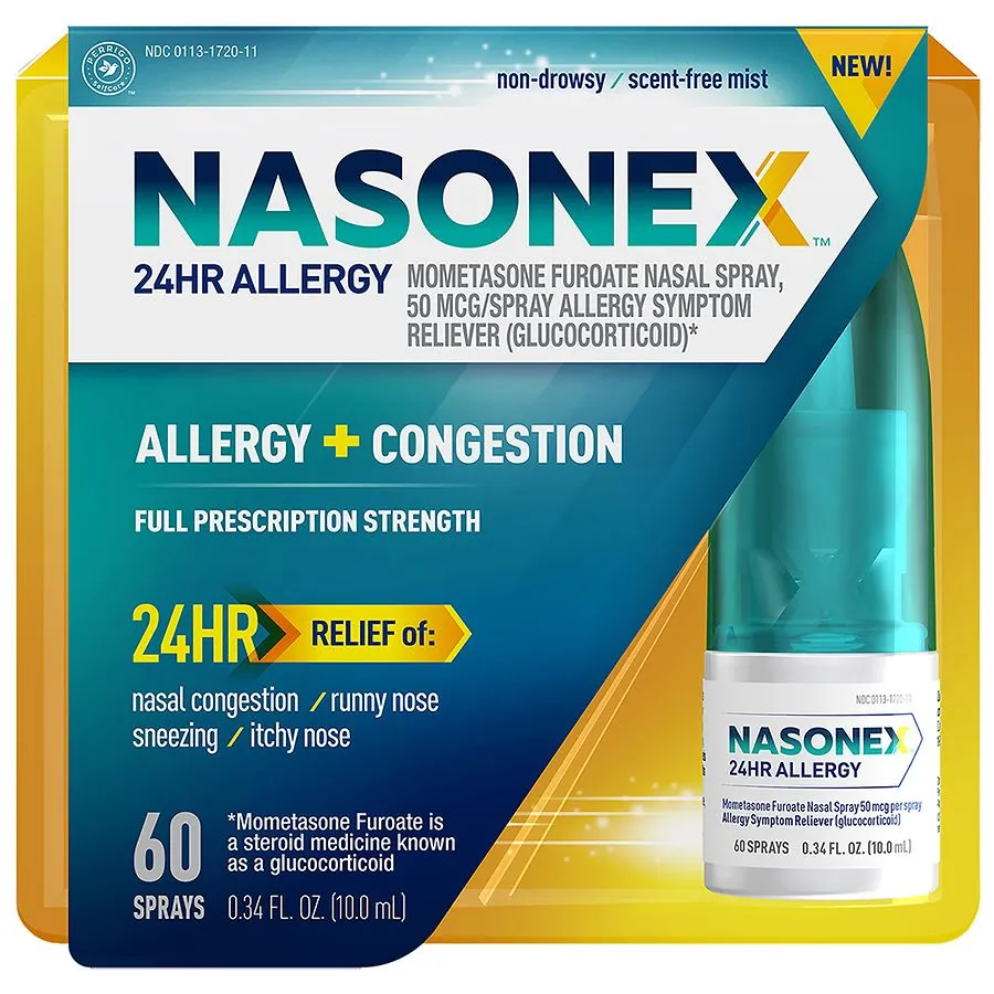 Nasonex 24HR Allergy Nasal Spray, Allergy + Congestion, Non-Drowsy Scent-Free, 60 Sprays - 0.34 fl oz