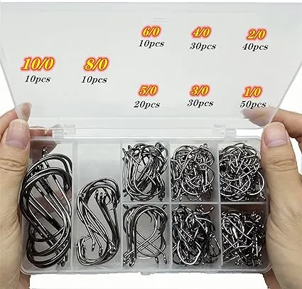 200Pcs/Box（Size:10/0... to...1/0 Strong Octopus Fishing Hooks, Forged Steel/Barded Design, Off-Set Point/Closed Eye, Strong/Sturdy, 10/0 8/0 6/0 5/0 4/0 3/0 2/0 1/0 Mixed Packaging