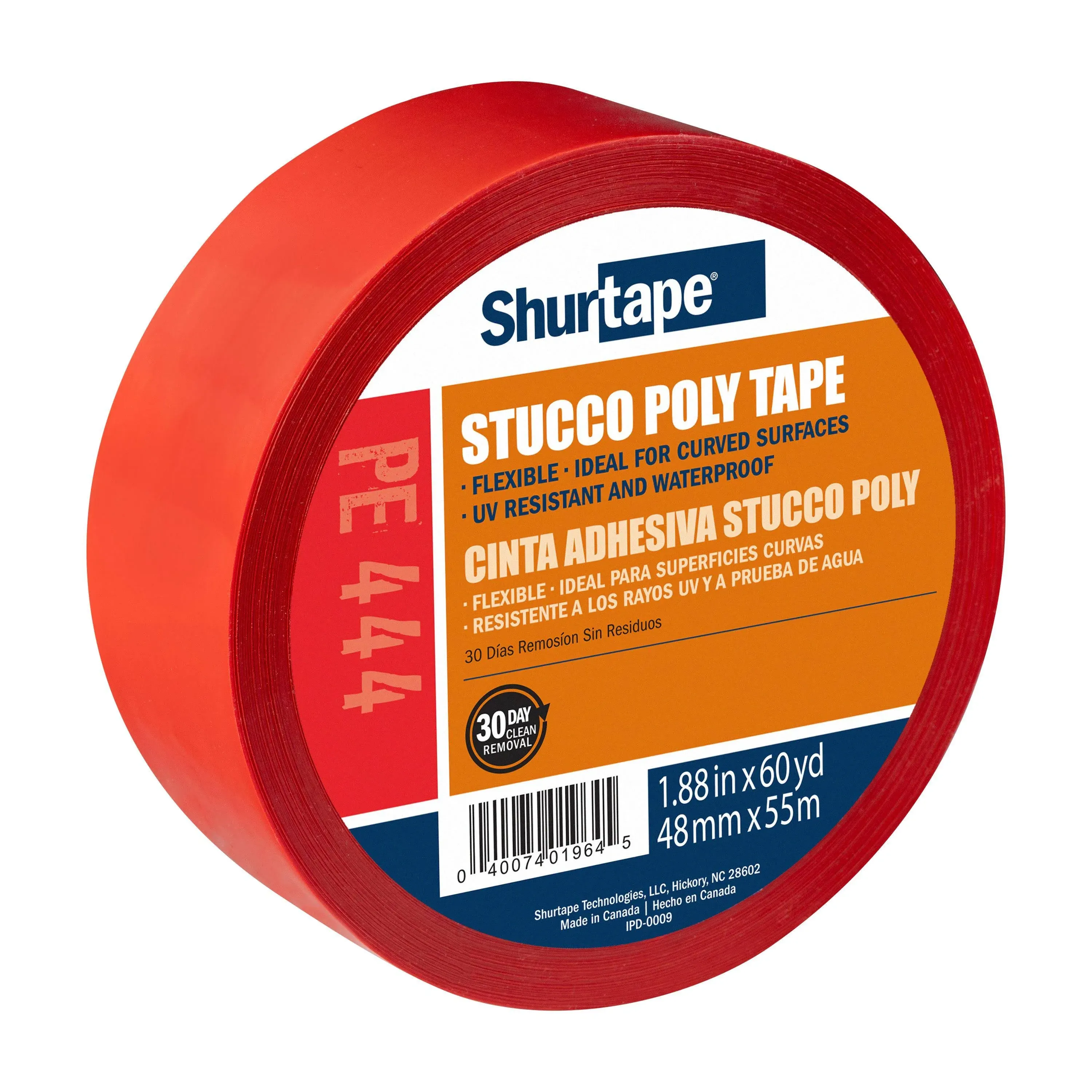 Shurtape PE 444 UV-Resistant Stucco Masking Tape, 48mm x 55m, Red, 1 Roll (107239)