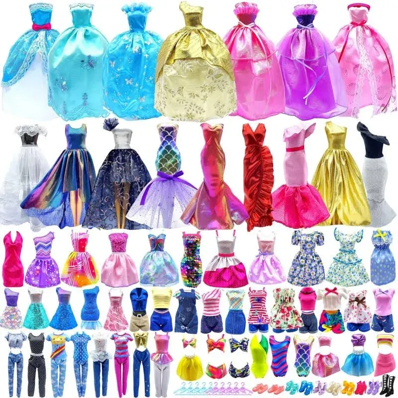 50 Pack Doll Clothes and Accessories, 4 Wedding Gowns 2 Evening Dresses 6 Fashion Dresses 6 Set Casual Outfits Top and Pant 2 Swimsuit Bikini, 20 Hanger 10 Shoe Toys for Girl Birthday Gift