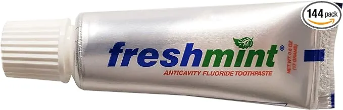 144 Tubes of Freshmint 0.6 oz. Anticavity Fluoride Toothpaste, Metallic Tube, Tubes do not have Individual Boxes for Extra Savings, Travel Size