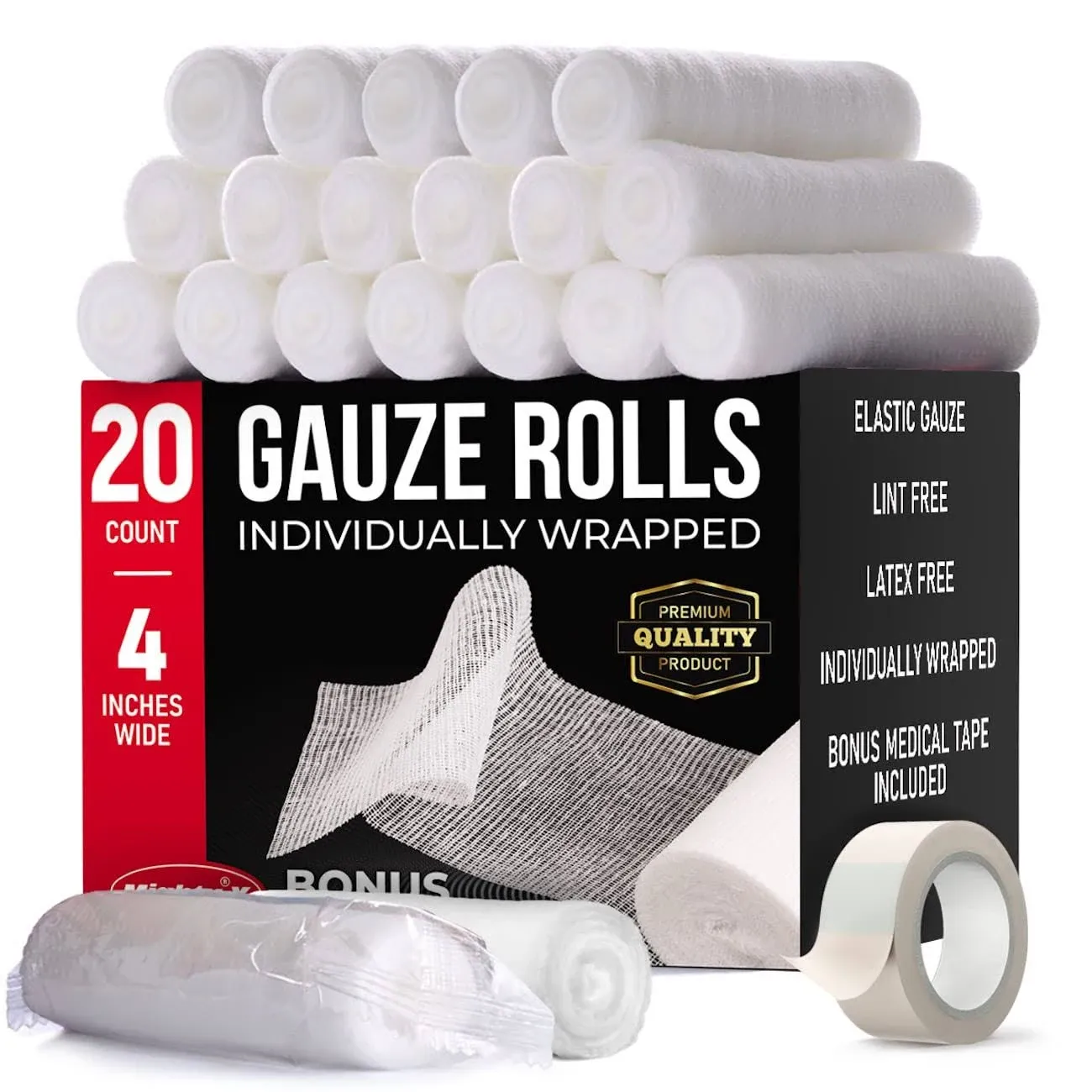 Premium Gauze Rolls - (20 Pack) - 4" x 4.1yd First Aid Rolled Gauze - Individually Wrapped + Bonus Tape - Breathable Conforming Gauze Wrap Roll for Wounds - Mummy Wraps