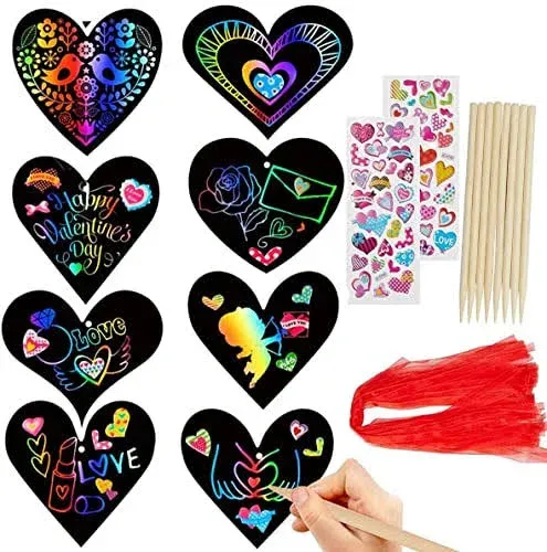 KMUYSL 28Pack Valentines Day Craft Kit for Kids, Scratch Art Rainbow Scratch Heart Shape Hang Tags - Valentine Crafts &amp; Art for Kids Classroom Gift