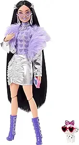 Barbie Extra Doll and Accessories with Black Hair, Lavender Lips, Metallic Silver Jacket and Pet Dalmatian Puppy