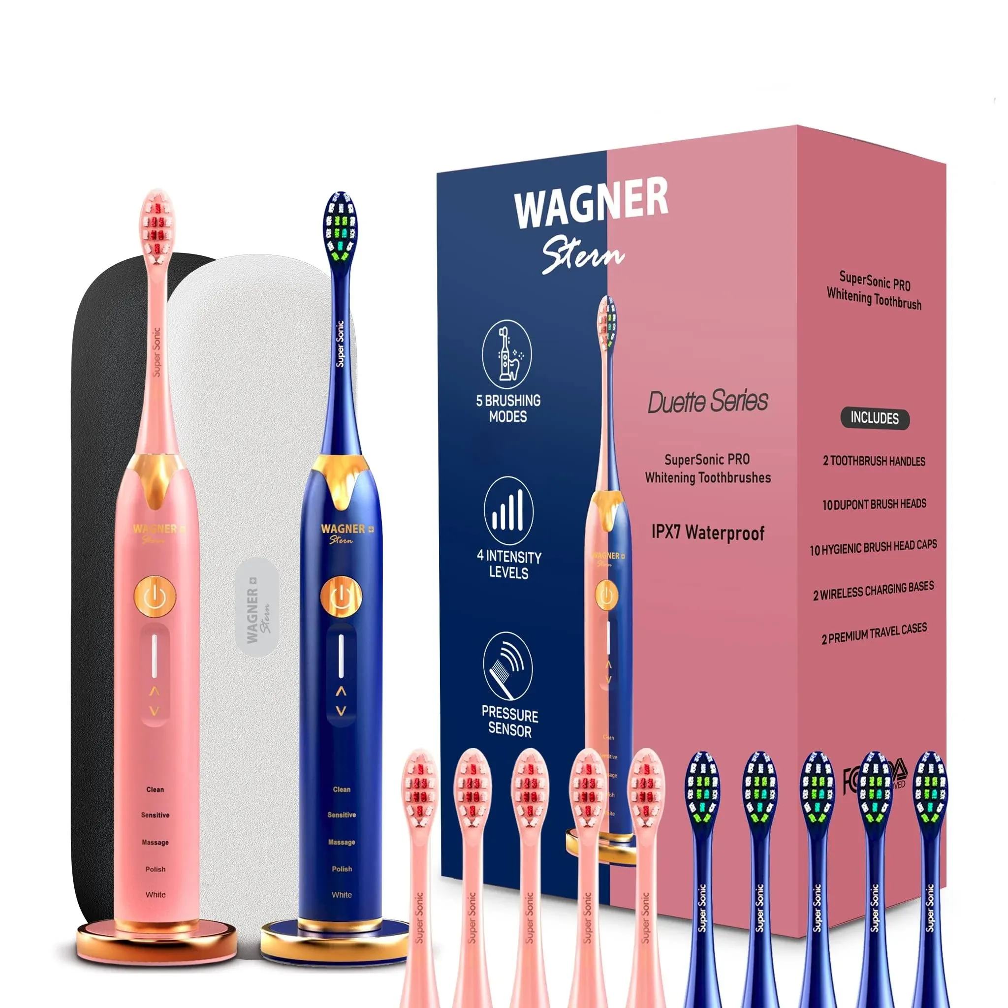 Wagner Stern. Duette Series. 2 Electric toothbrushes with Pressure Sensor. 5 Brushing Modes and 4 Intensity Levels, 10 Dupont Bristles, 2 Premium Travel Cases. (Burgundy/Black)