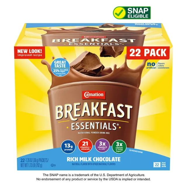 Carnation Breakfast Essentials Powder Drink Mix, Rich Milk Chocolate, Box of 22 Packets