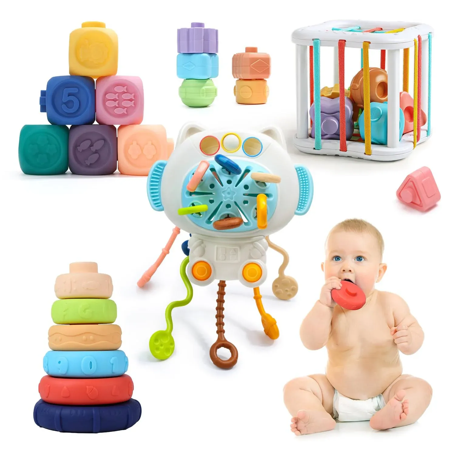 Cute Stone Baby Toys for 6 12 18 Months, Soft Teething Toys Stacking Blocks ...