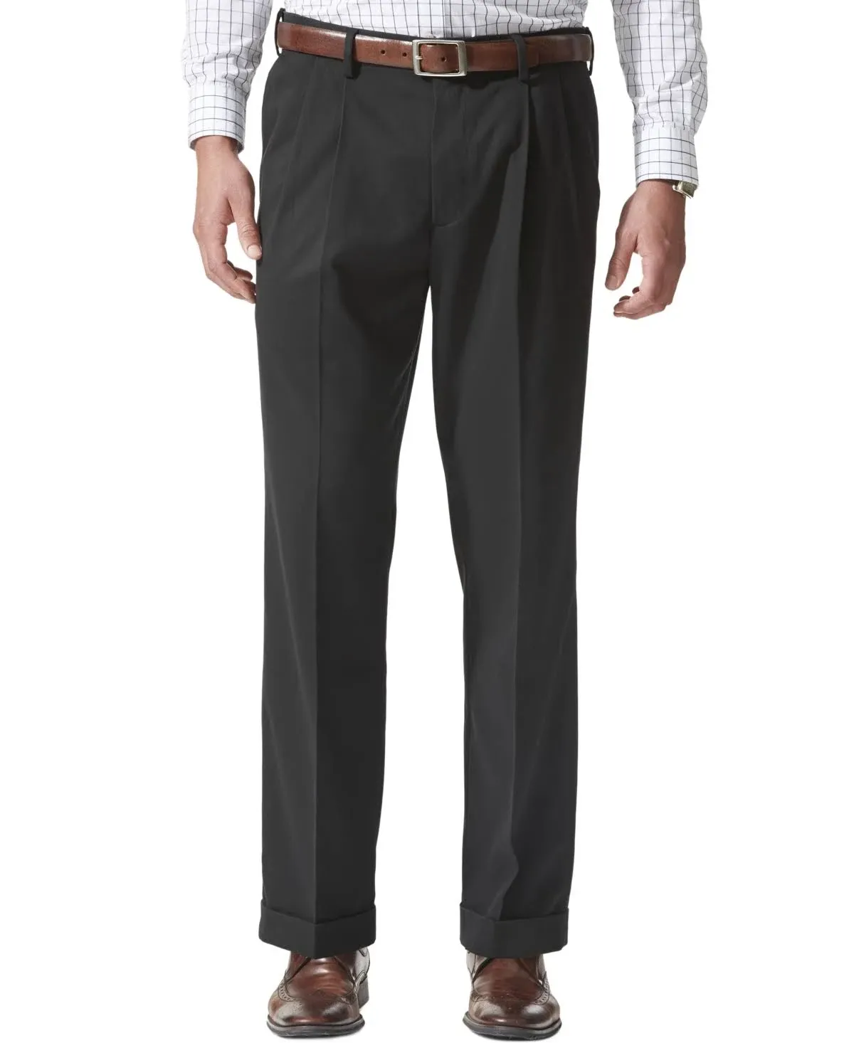 Dockers Men's Comfort Relaxed Pleated Cuffed Fit Khaki Stretch Pants - Black