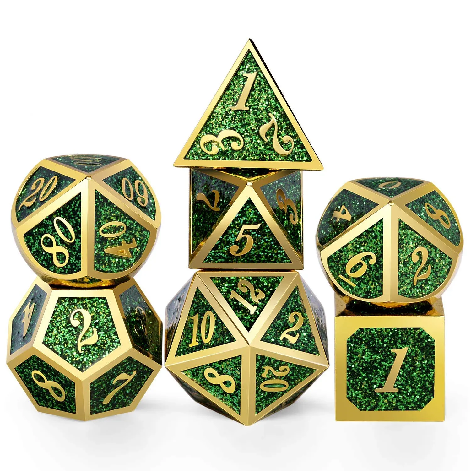 Metal Dice Set D&D, DNDND 7 Die Green DND Dice with Metal Case for Dungeons and Dragons Role Playing Game and Tabletop Games (Gold Number with Enamel Green)