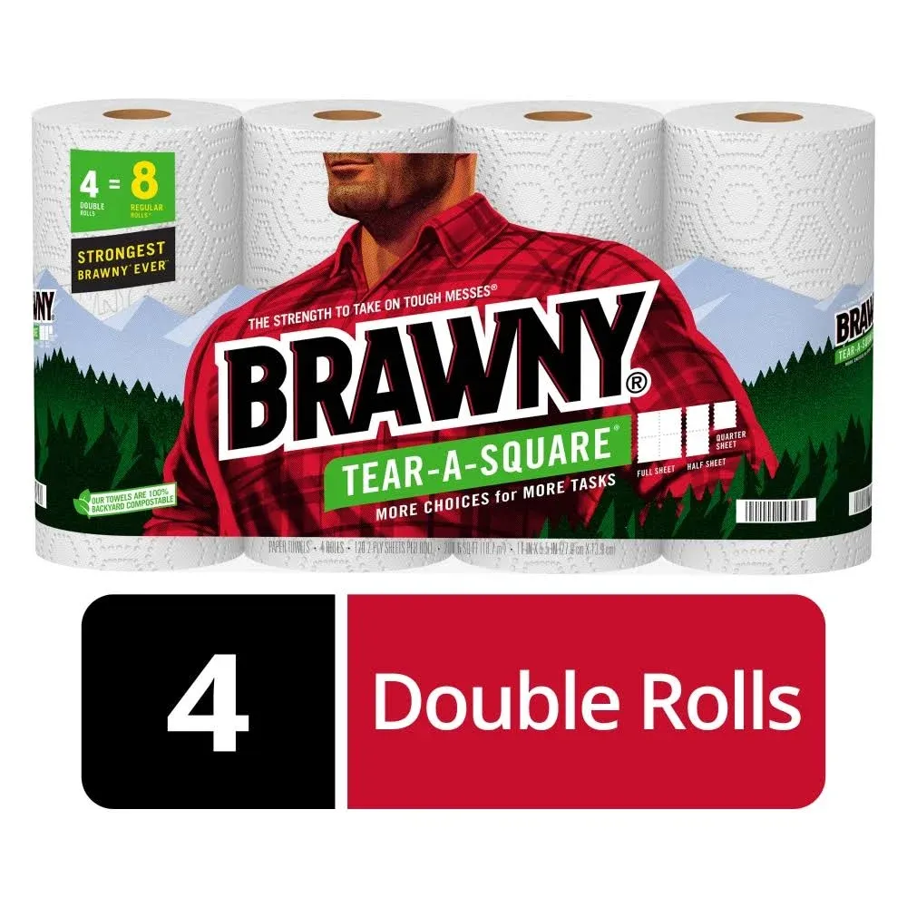 Brawny Paper Towels, Tear-A-Square, Double Rolls, 2 Ply - 4 rolls