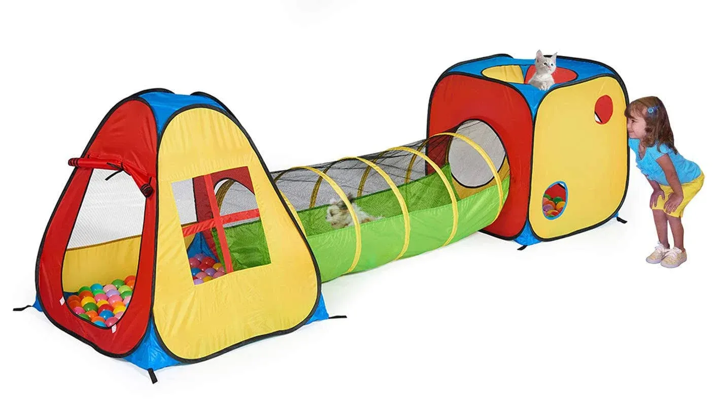 3 in 1 Pop up Play Tent with Tunnel, Ball Pit for Kids, Boys, Girls, Babies and 