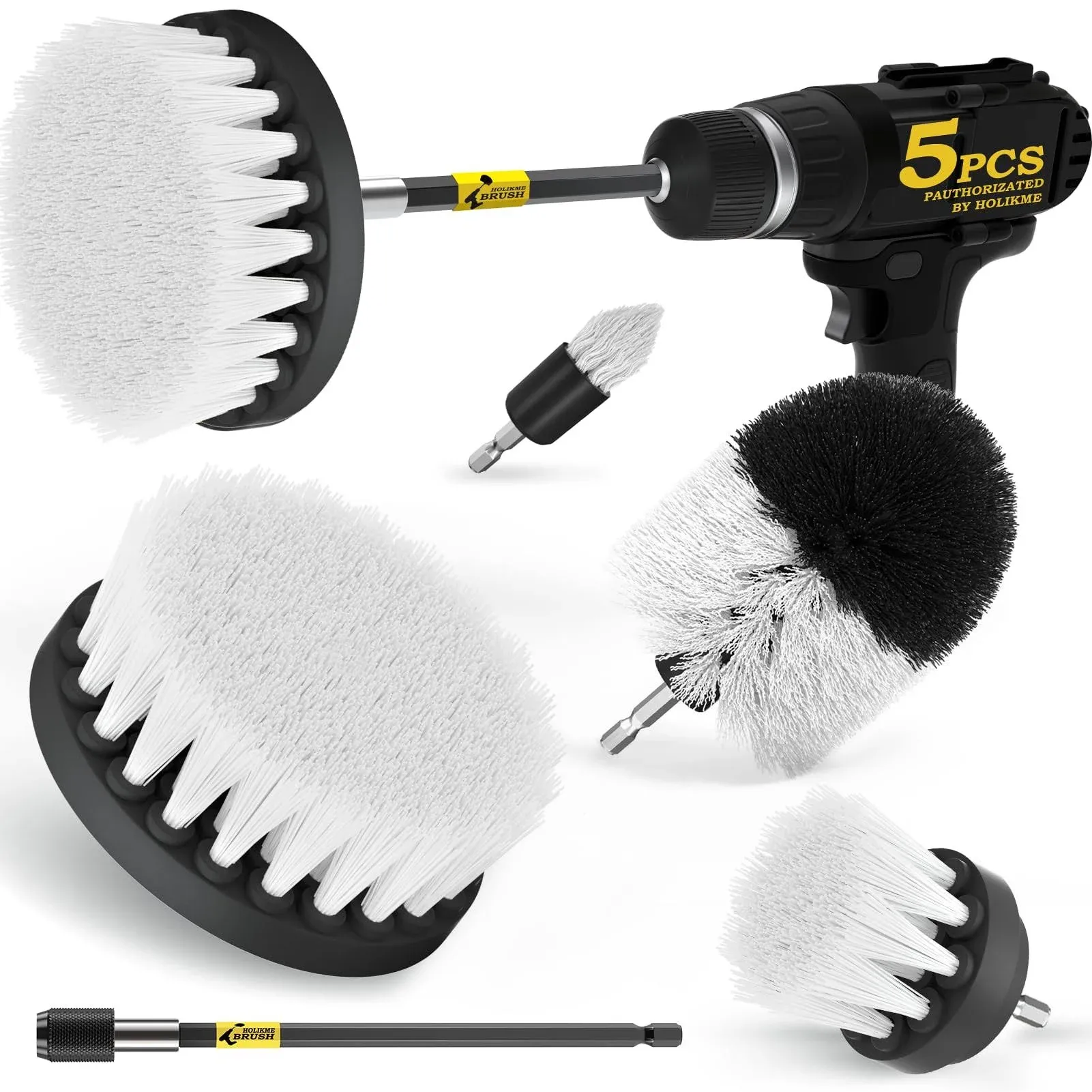 Holikme 6Pack Drill Brush Power Scrubber Cleaning Brush Extended Long Attachment Set All Purpose Drill Scrub Brushes Kit for Grout, Floor, Tub, Shower, Tile, Bathroom and Kitchen Surface White