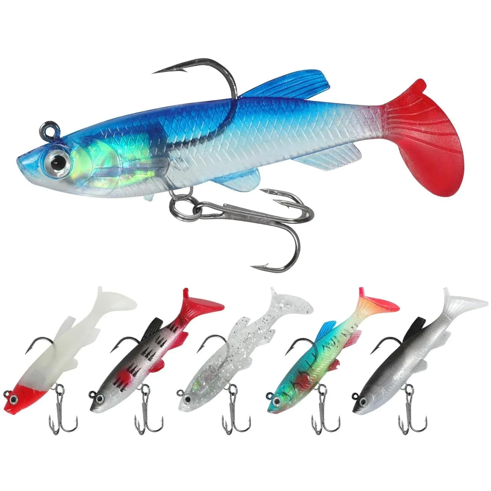 Soft Fishing Lures 6Pcs Pre-Rigged Jig Head Paddle Tail Soft Plastic Swimbaits for Bass Trout Walleye Crappie Fishing Gear and Equipment for Saltwater Freshwater