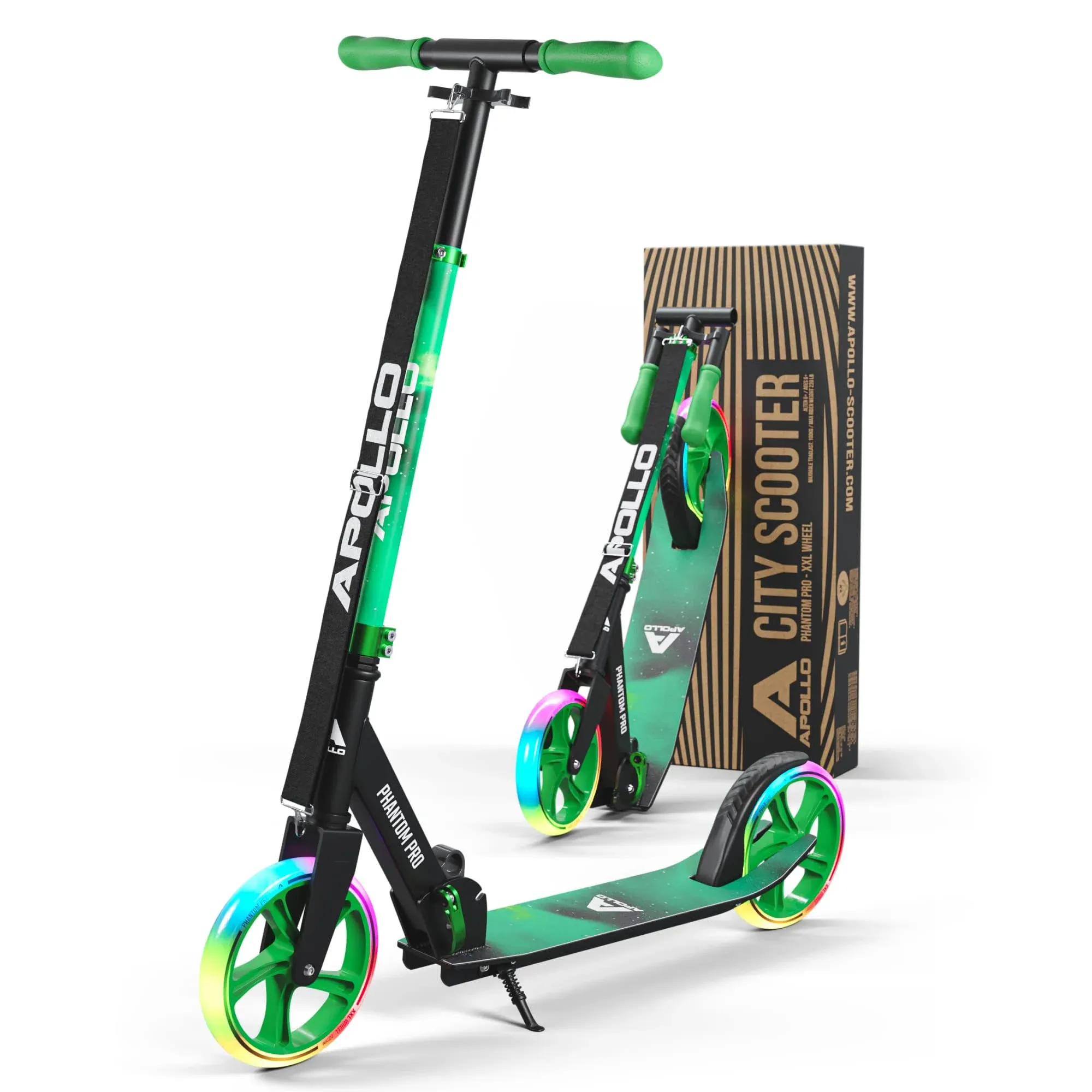 APOLLO Adult Scooter - Folding Kick Scooter for Teens and Adults Weighing up to 220 lbs. Foldable, with Big Wheels (XXL), and an LED Light-Up Wheel Option