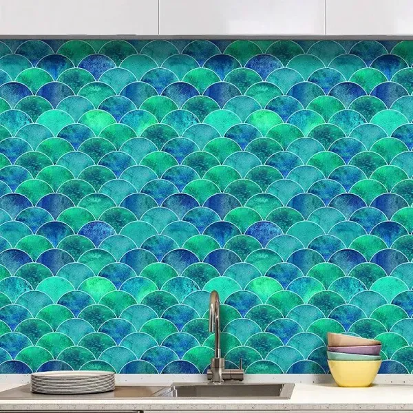 6pcs 3D Tile Wall Decals Lake Blue Hyun-chae Fish Scale Stickers 12 x Backsplash ...